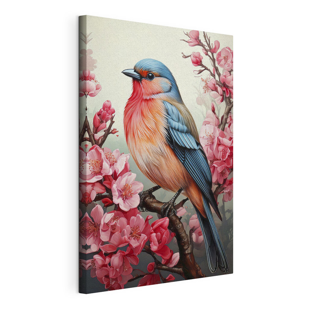 Colorful bird sitting on a branch with pink flowers