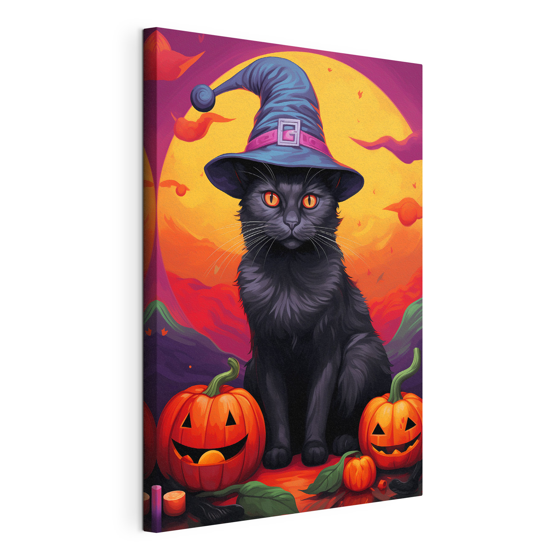 Black cat wearing a person hat and pumpkins