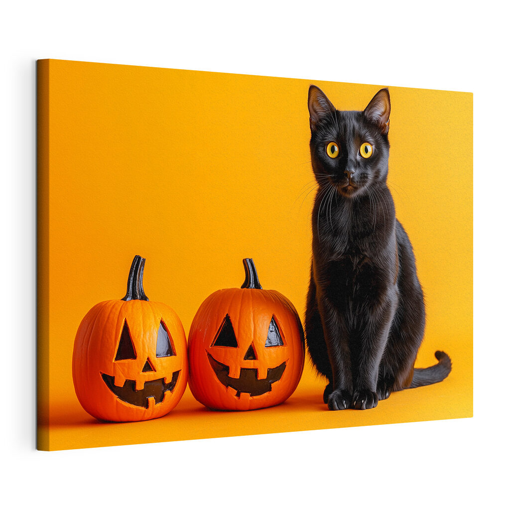 Black cat sitting next to two carved pumpkins