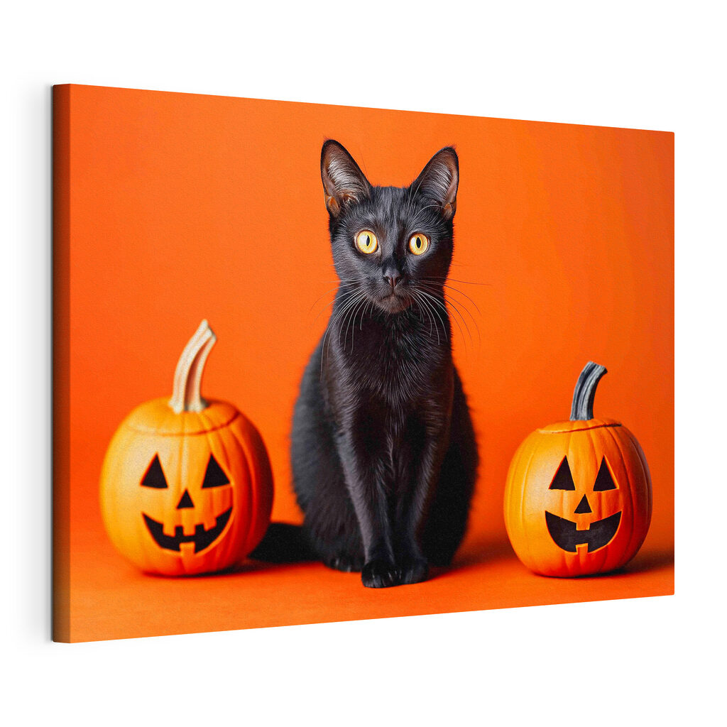Black cat sitting next to two pumpkins Black cat sitting next to two pumpkins