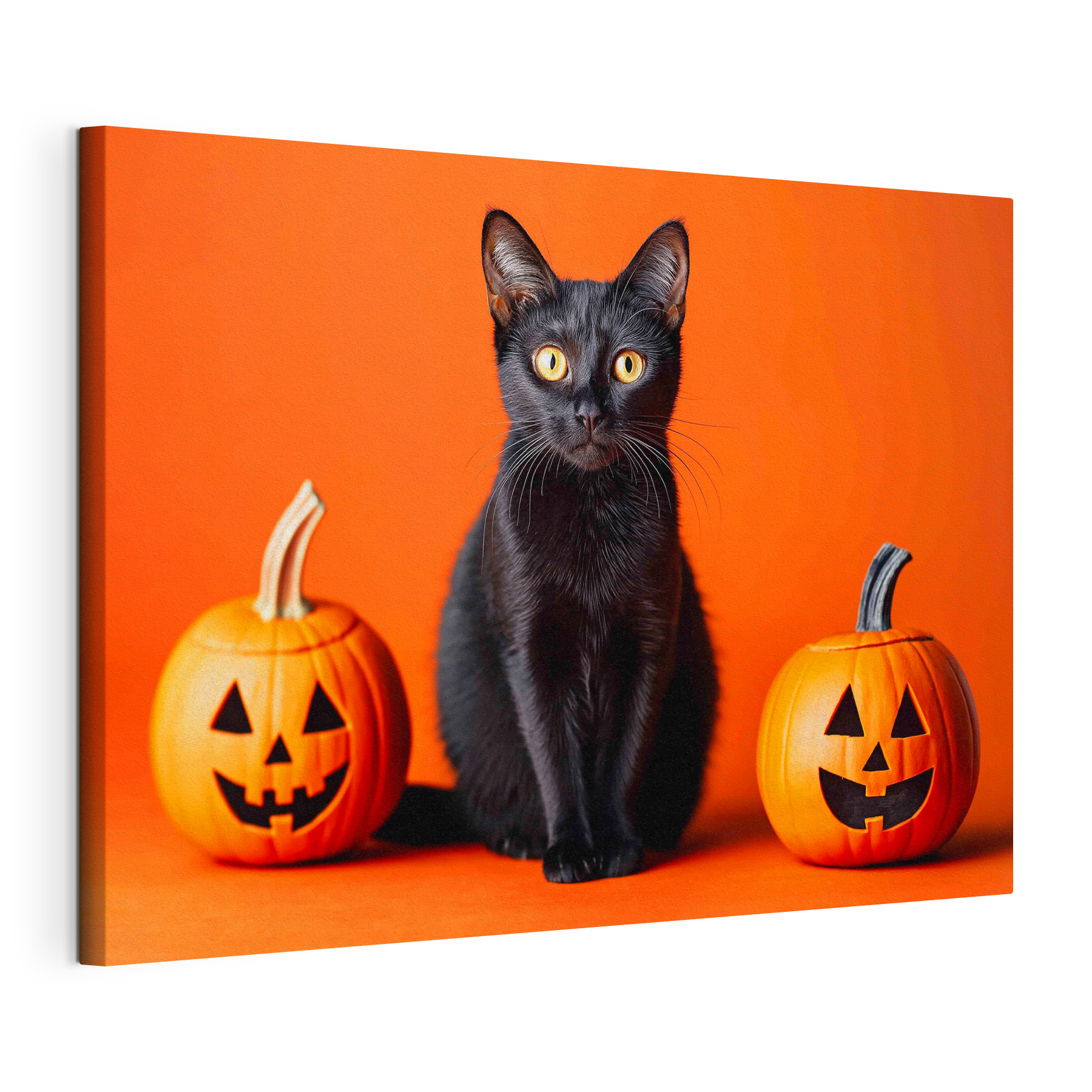 Black cat sitting next to two pumpkins Black cat sitting next to two pumpkins