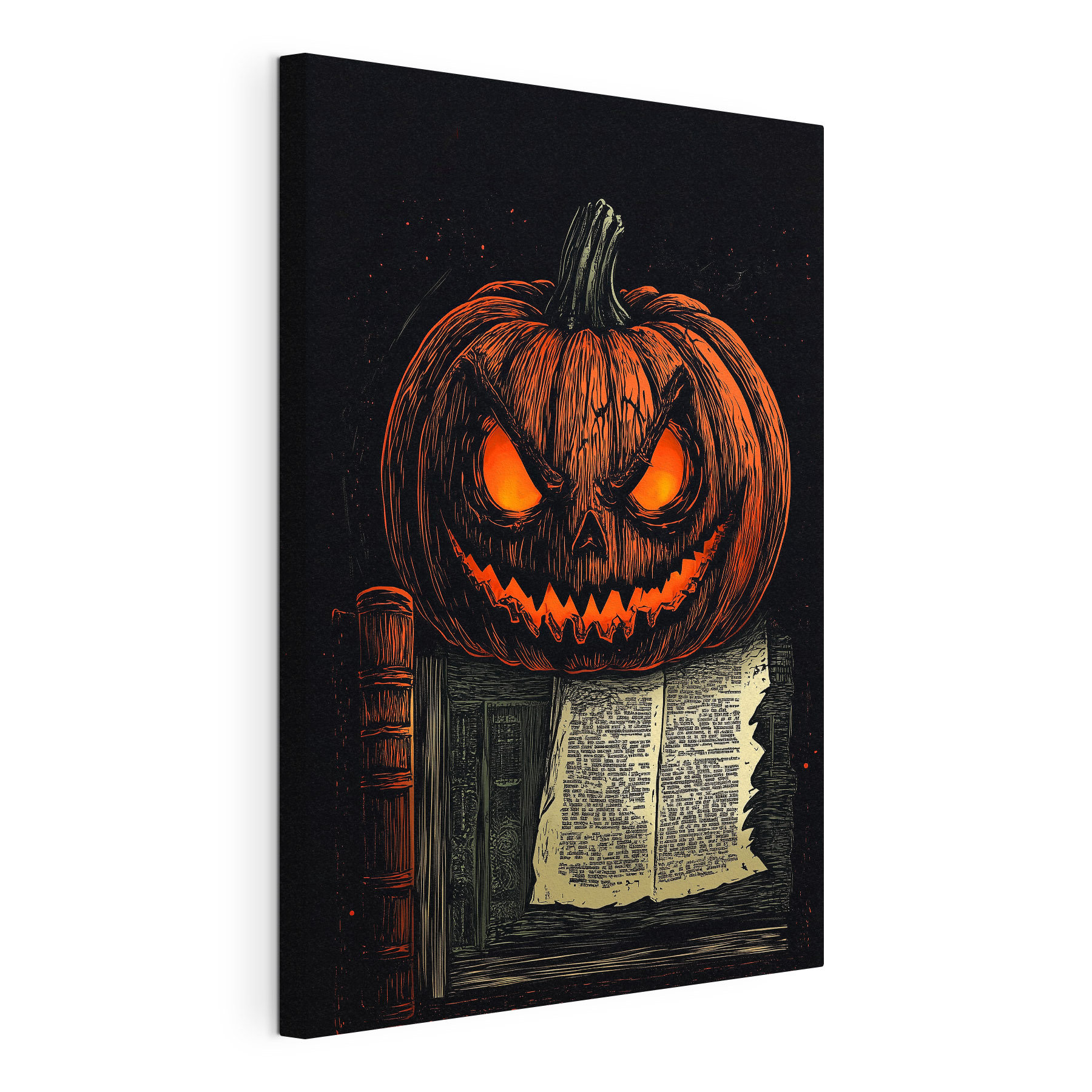 Pumpkin with a face on top of a book