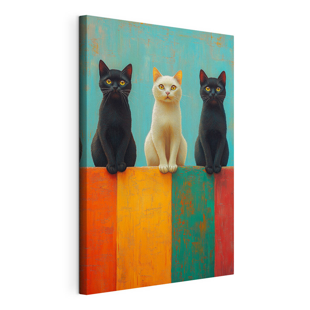Three cats enjoying colorful scenery