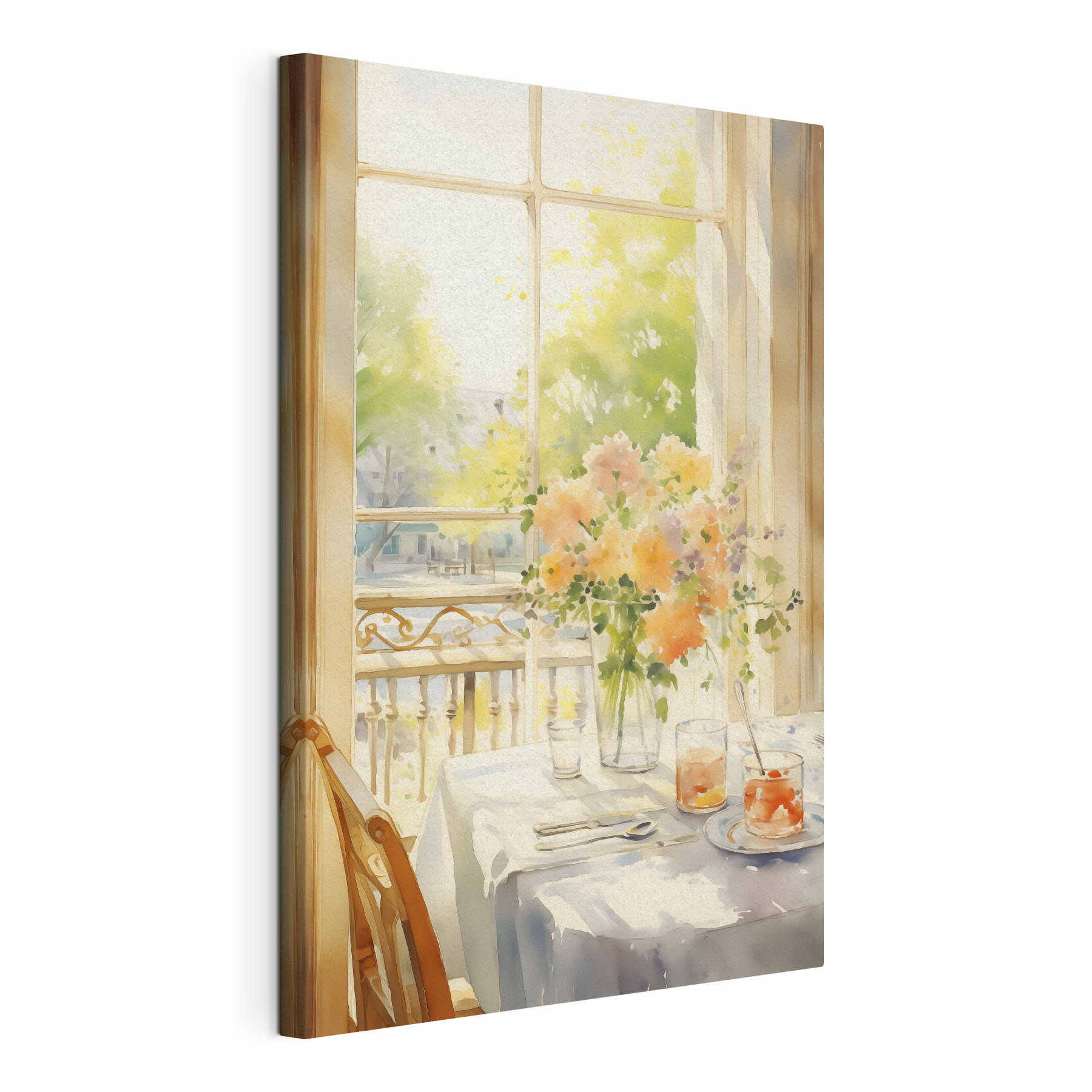 Watercolor painting of a table with flowers and glasses Watercolor painting of a table with flowers and glasses