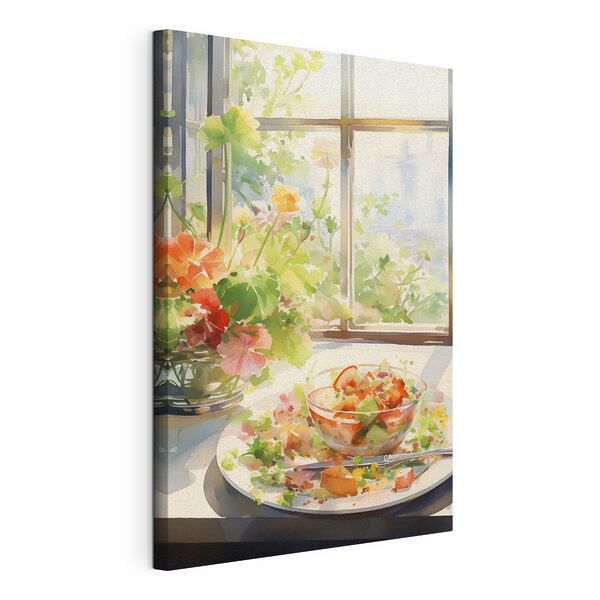 Cuadros Acuarela de un cuenco con comida y flores frente a una ventana (SKU: s41167) Cuadros Cuadros Acuarela de un cuenco con comida y flores frente a una ventana (SKU: s41167)