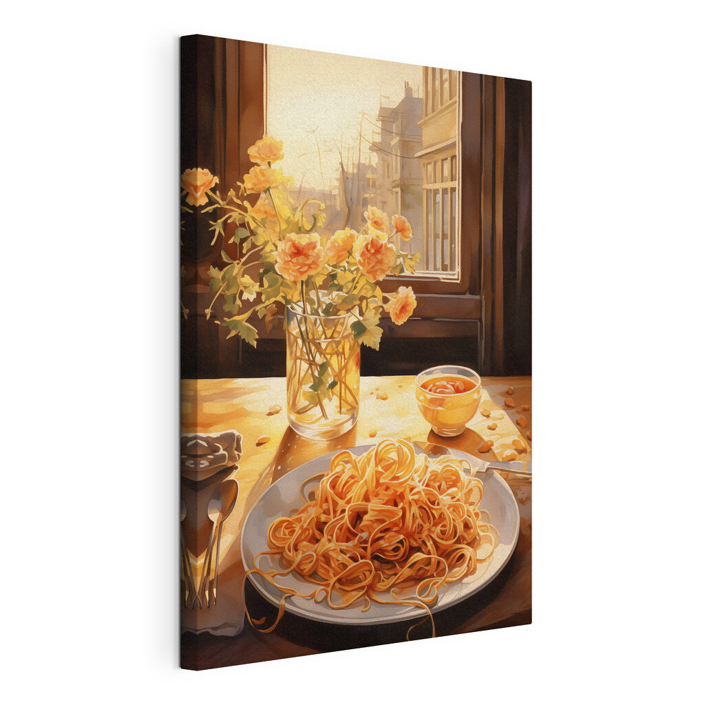 Plate of pasta and a vase of flowers