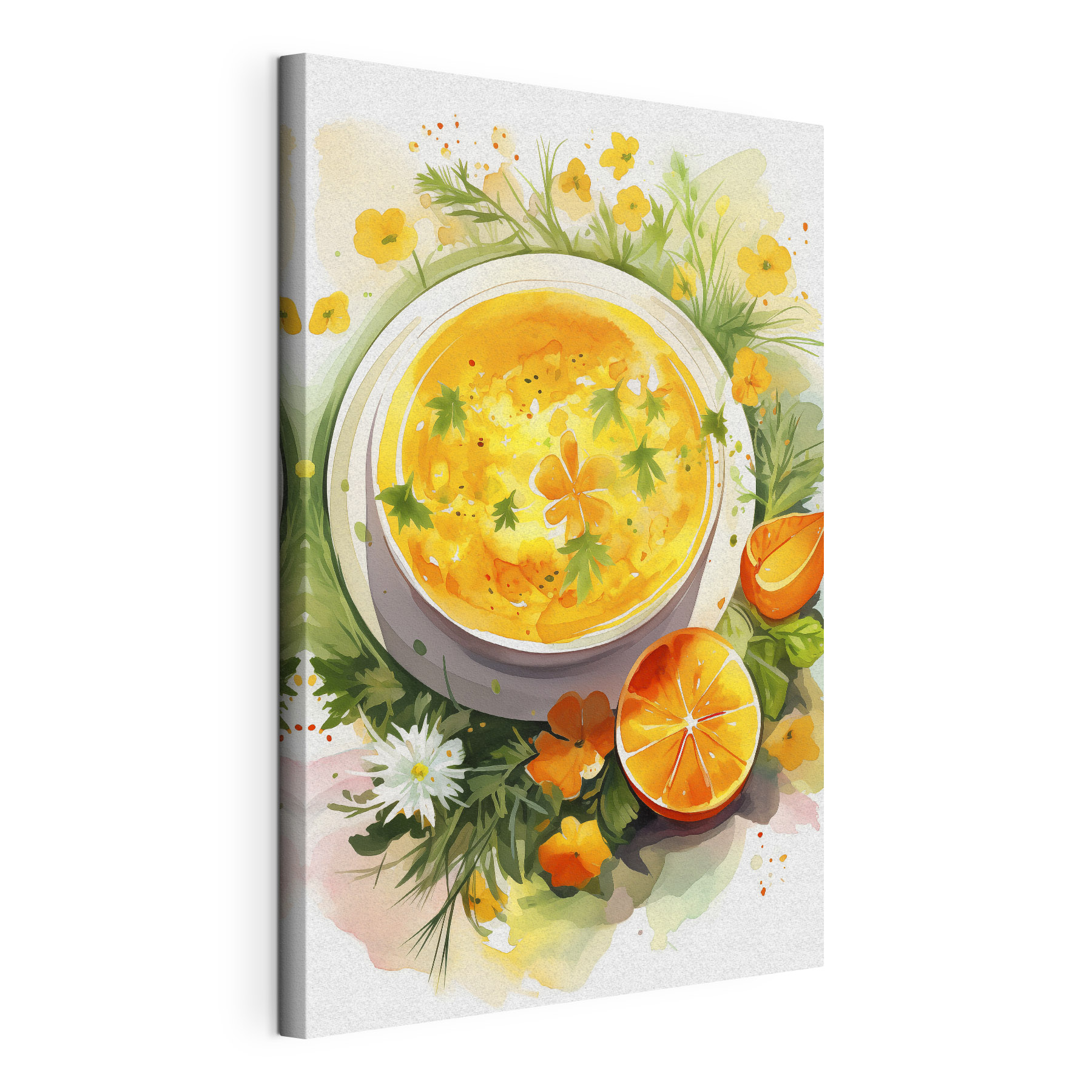 Bowl of orange soup with flowers and leaves Bowl of orange soup with flowers and leaves