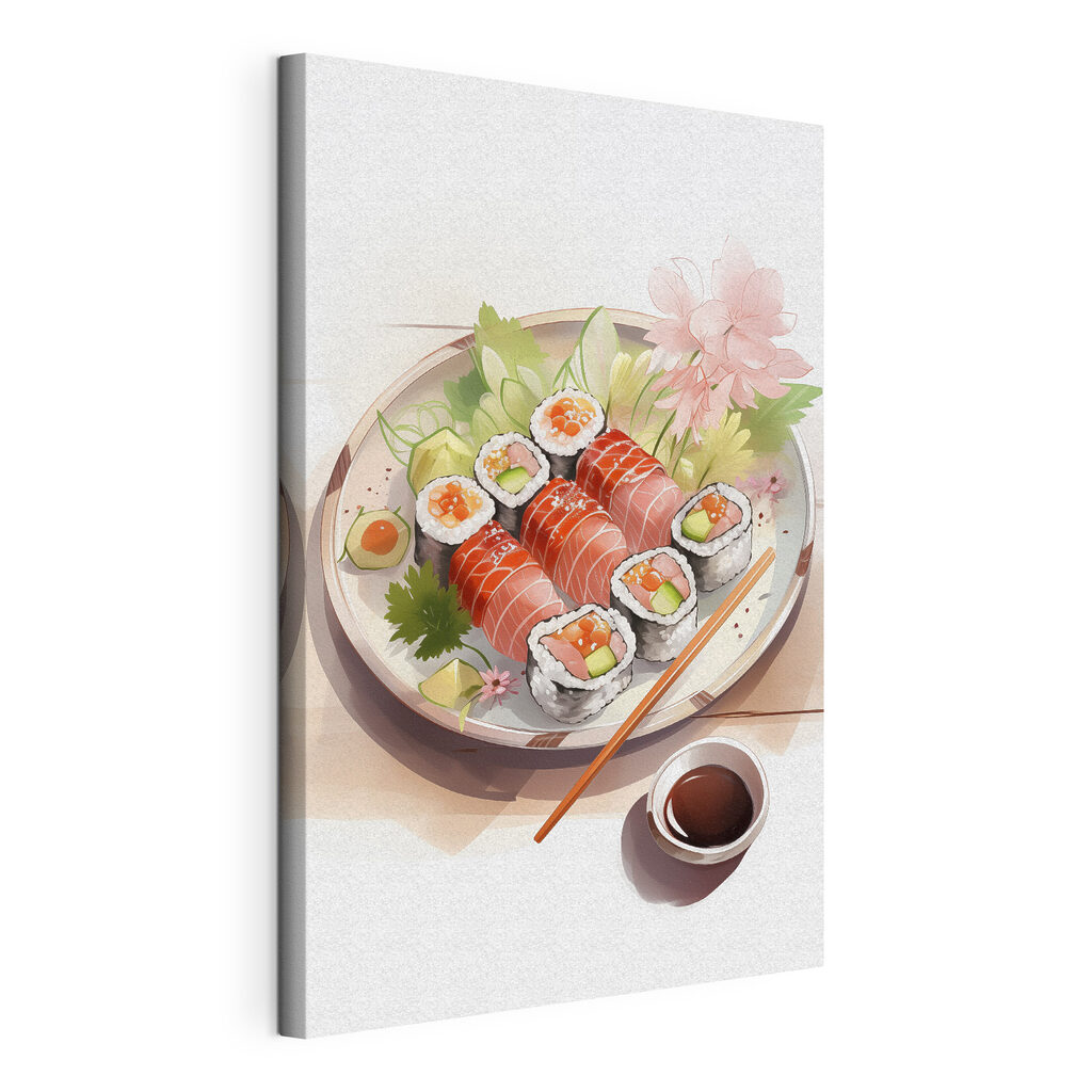Plate of sushi with sauce and flowers Plate of sushi with sauce and flowers