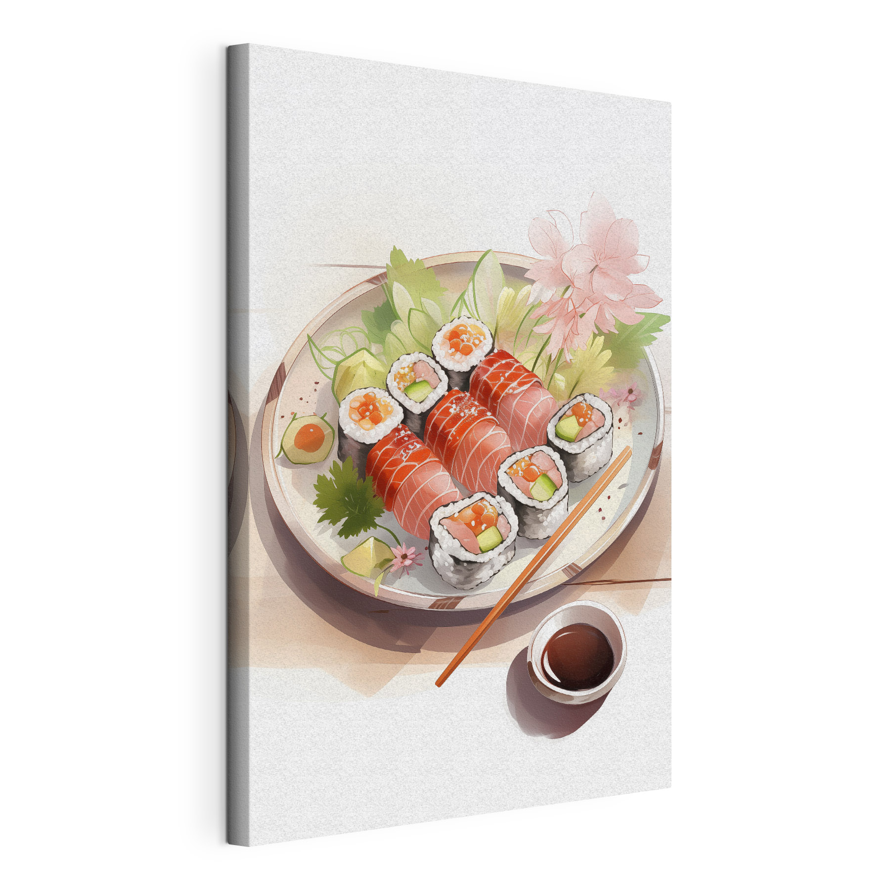Plate of sushi with sauce and flowers Plate of sushi with sauce and flowers