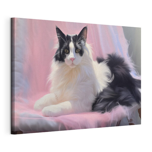 Gato blanco y negro tumbado sobre una manta rosa Cuadros Gato blanco y negro tumbado sobre una manta rosa