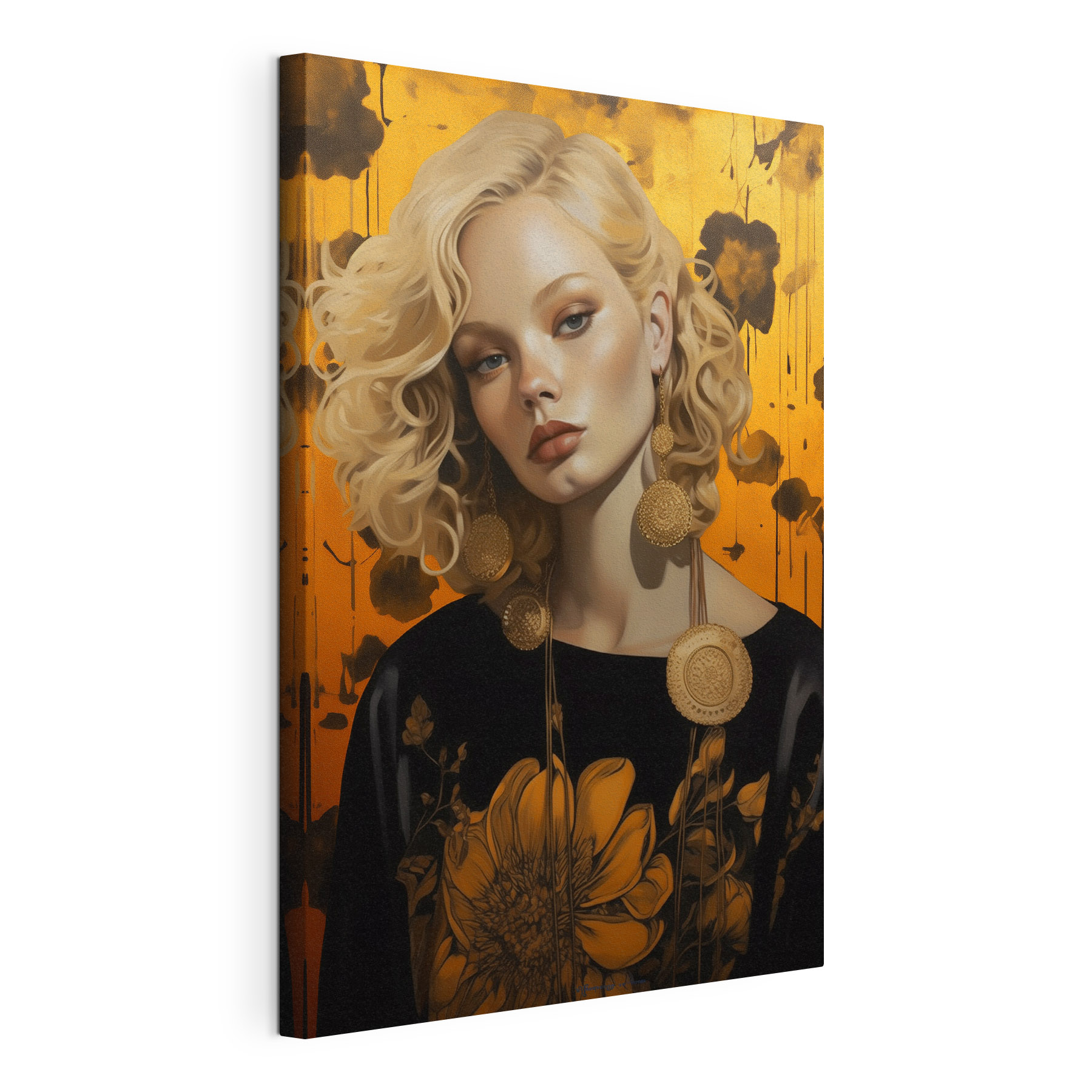 Woman with curly blonde hair and large earrings Woman with curly blonde hair and large earrings