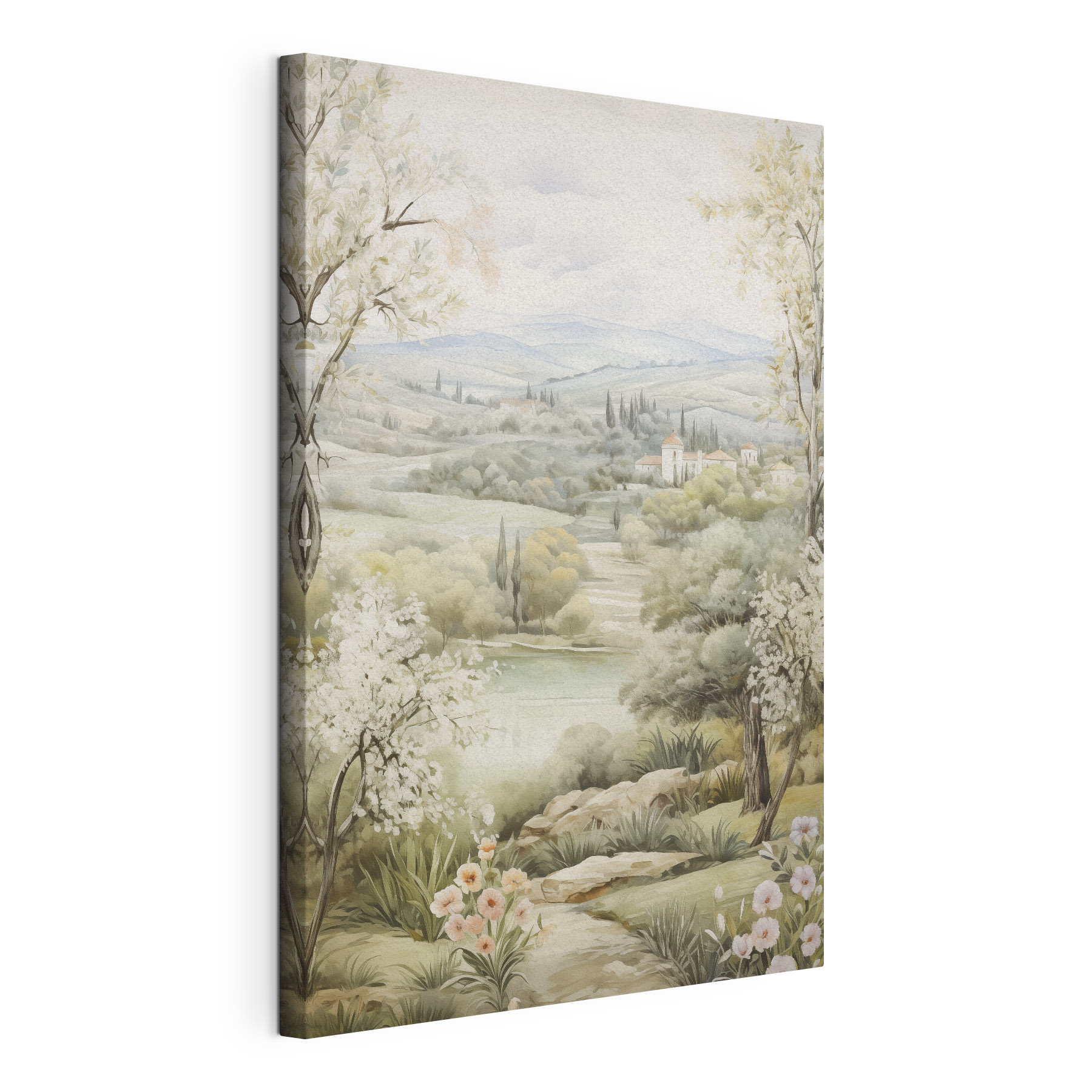 Painting of a landscape with trees and a river Painting of a landscape with trees and a river