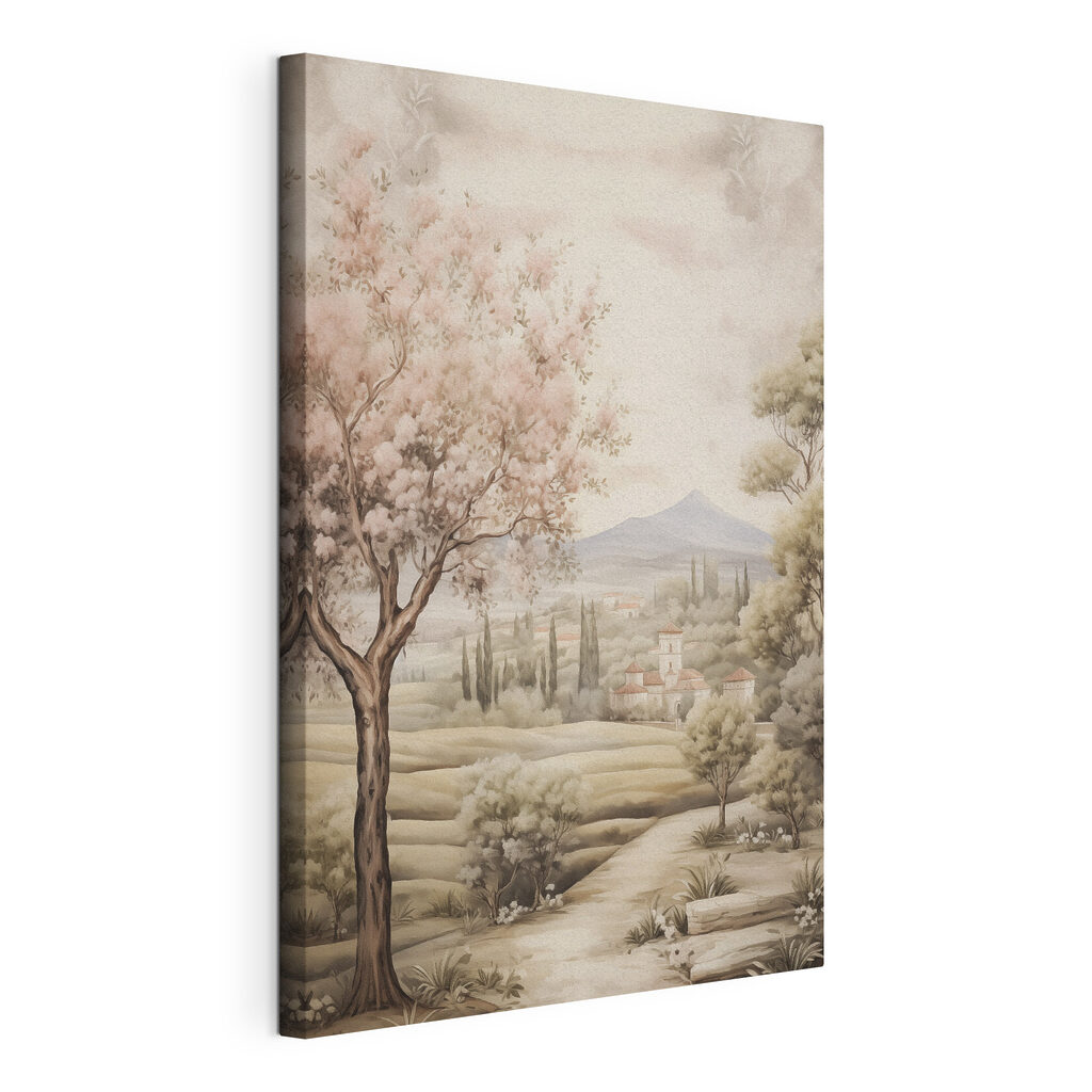 Painting of a landscape with trees and a building