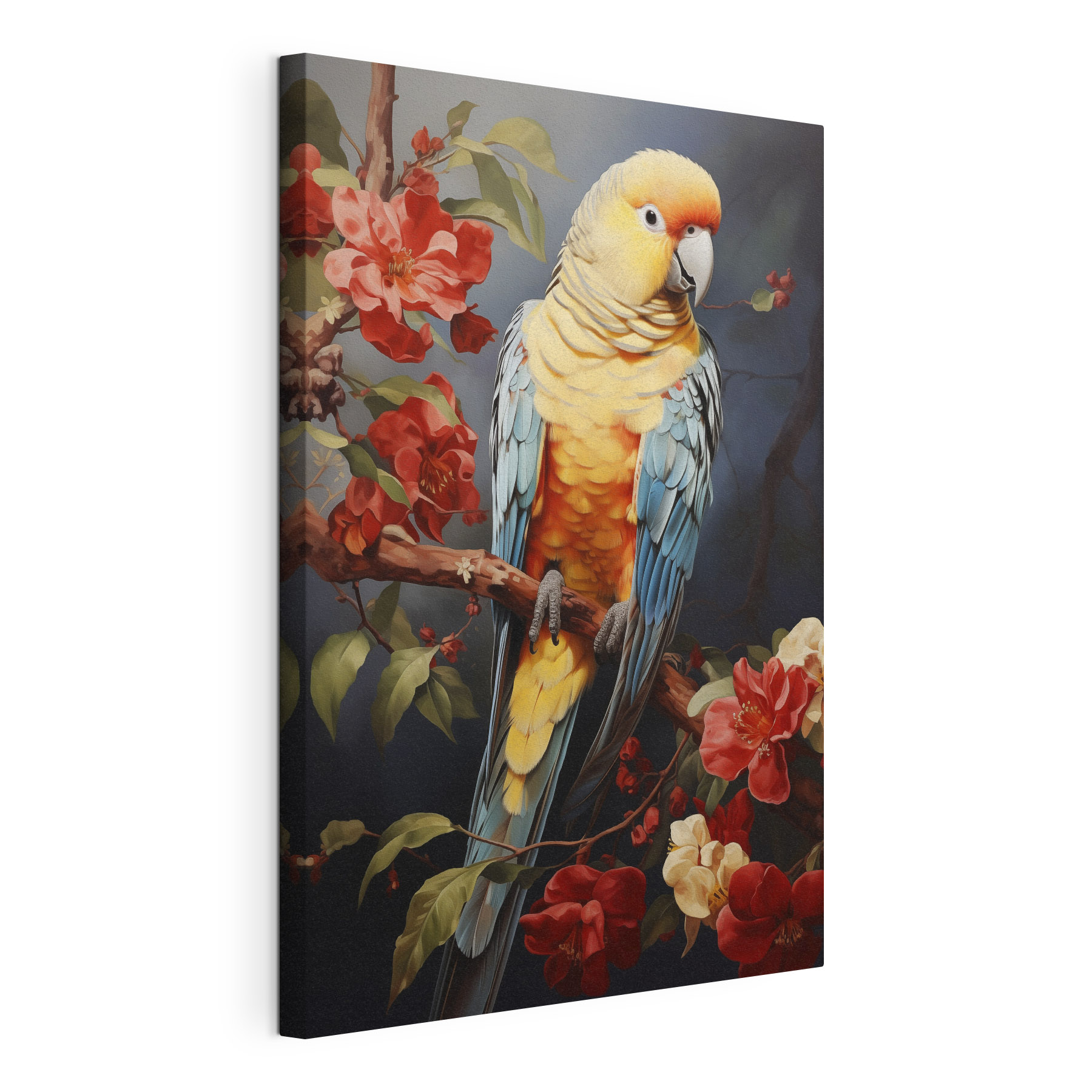 Colorful bird sitting on a branch with flowers Colorful bird sitting on a branch with flowers