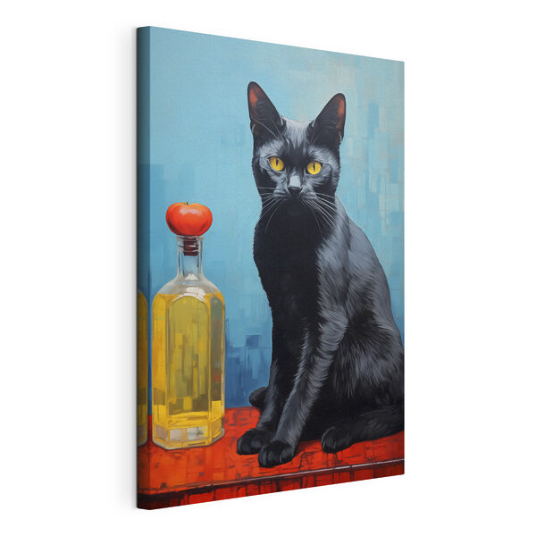 Cuadros Un gato negro sentado junto a una botella de líquido (SKU: s41237) Cuadros Cuadros Un gato negro sentado junto a una botella de líquido (SKU: s41237)
