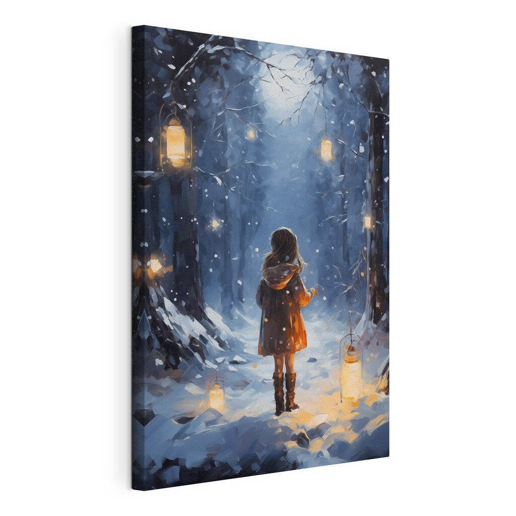 Girl standing in a snowy forest with lanterns Girl standing in a snowy forest with lanterns