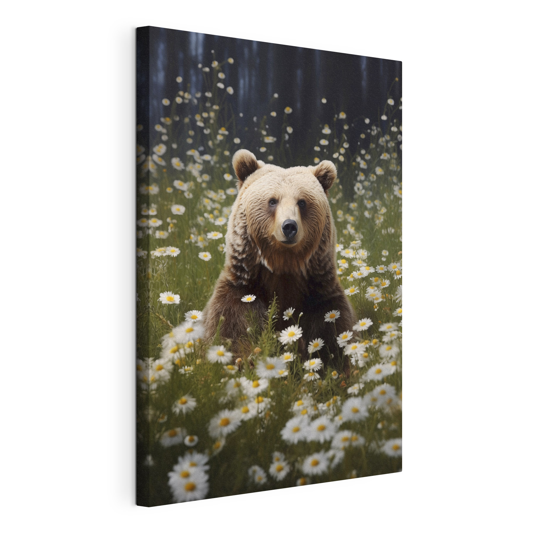 Bear sitting in a field of flowers