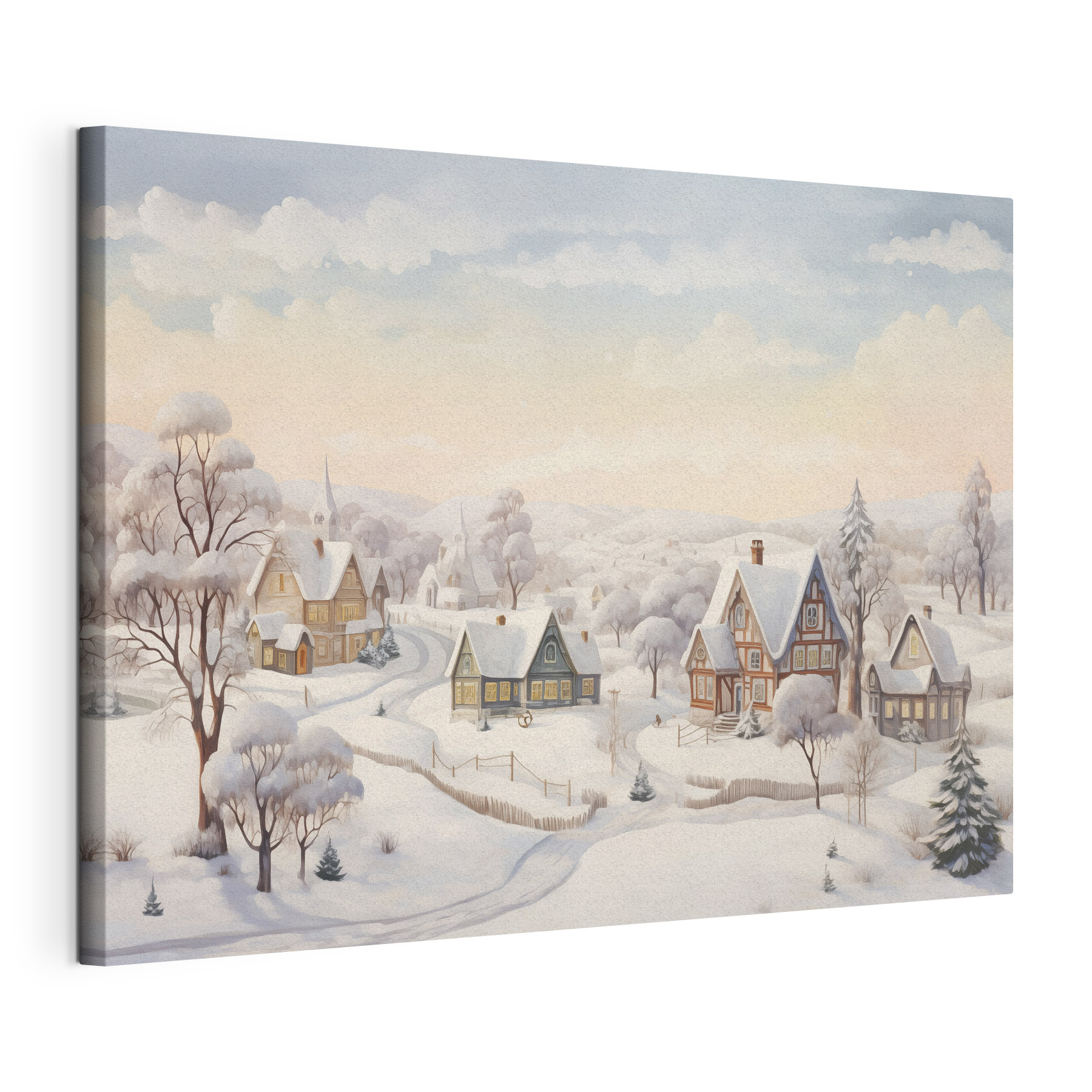 Snow covered village with houses and trees Snow covered village with houses and trees