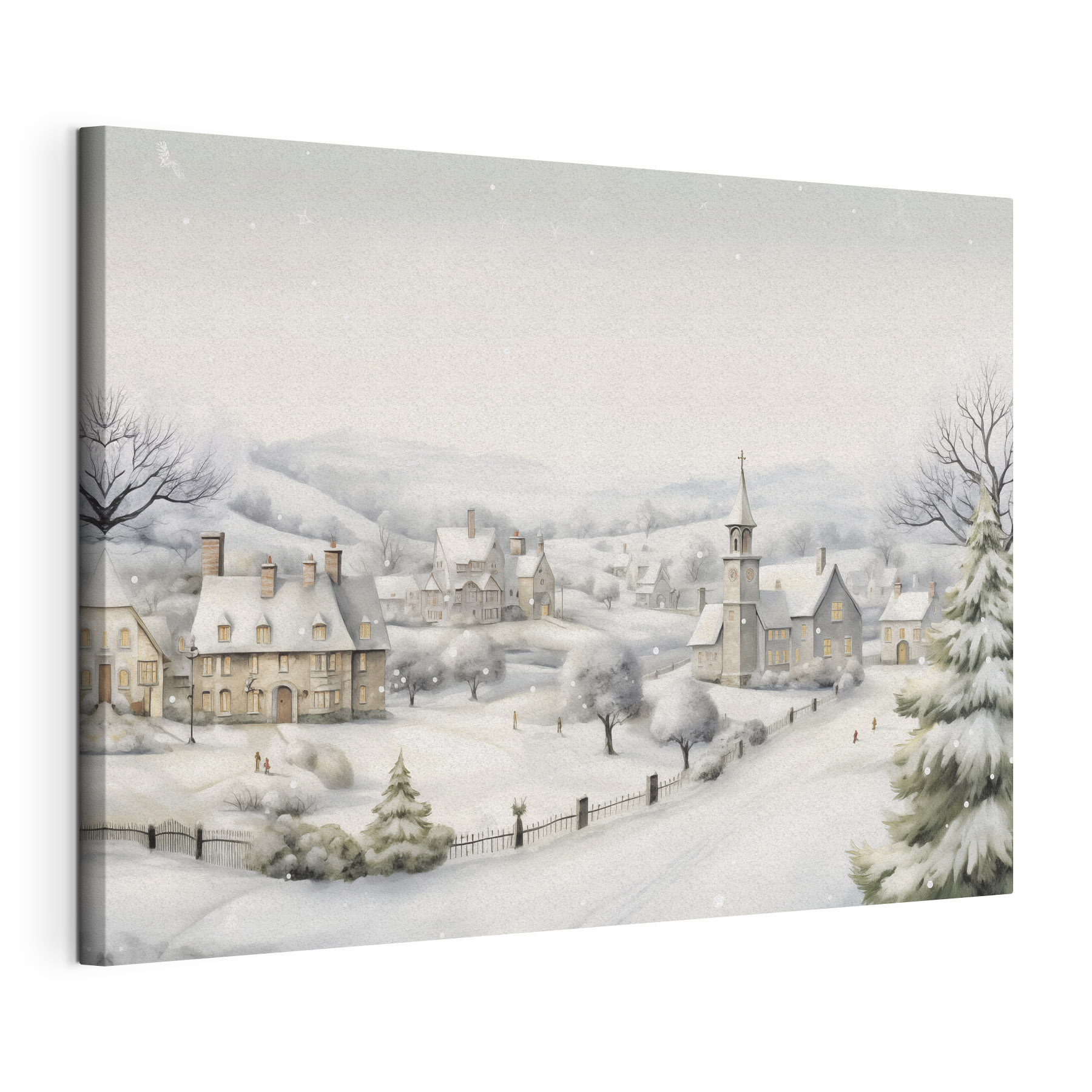 Snow covered village with a church and trees Snow covered village with a church and trees
