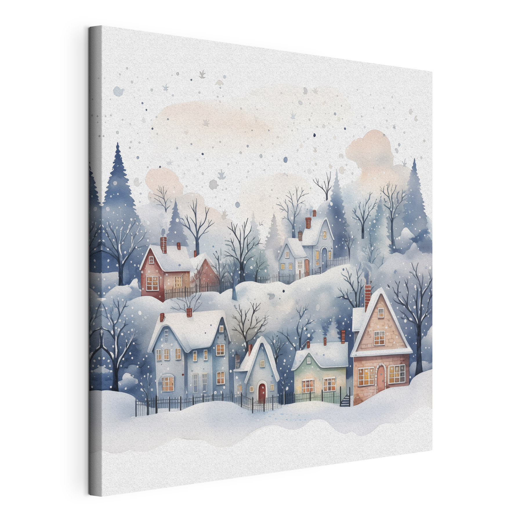 Watercolor painting of houses and trees in the snow Watercolor painting of houses and trees in the snow