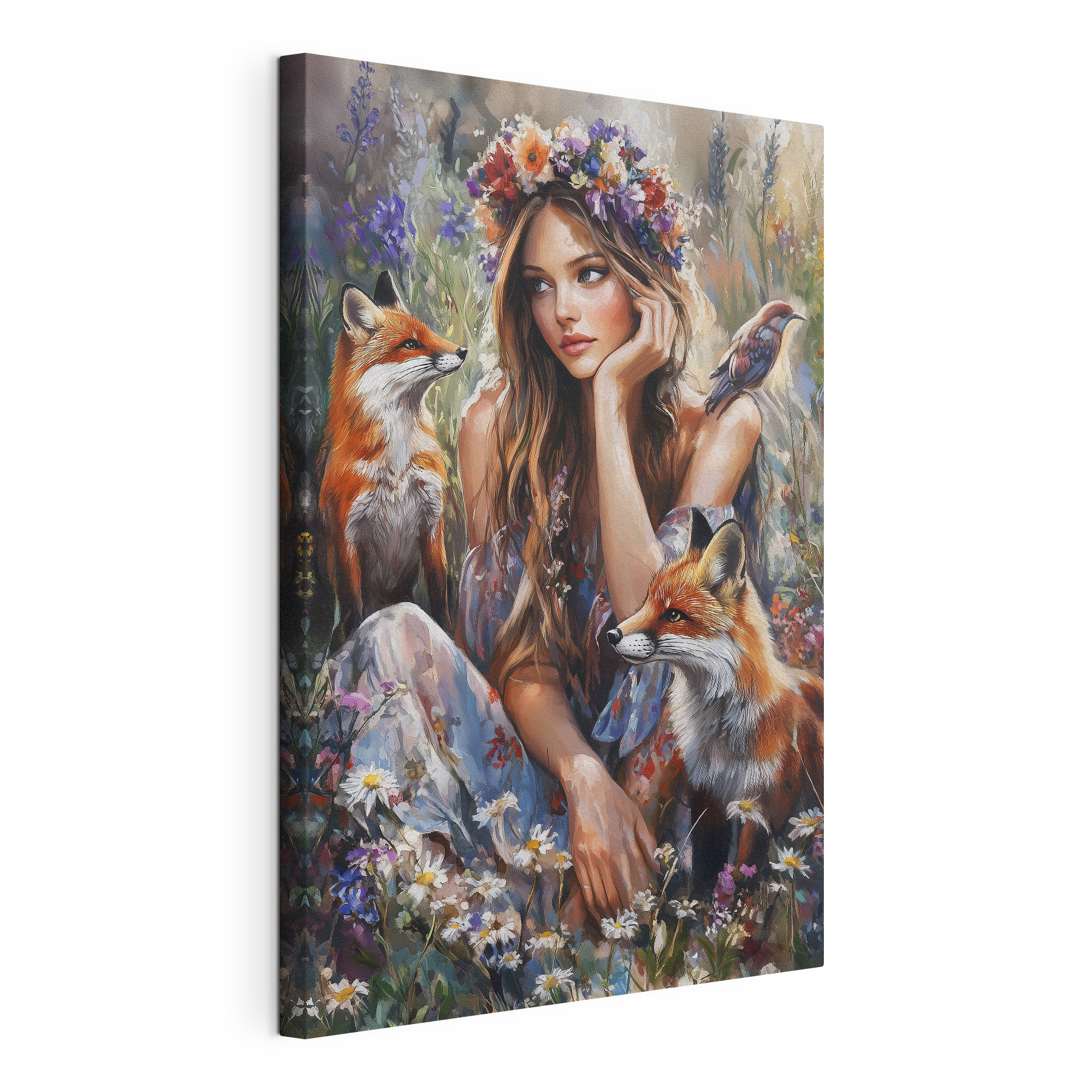 Woman sitting in a field with foxes Woman sitting in a field with foxes