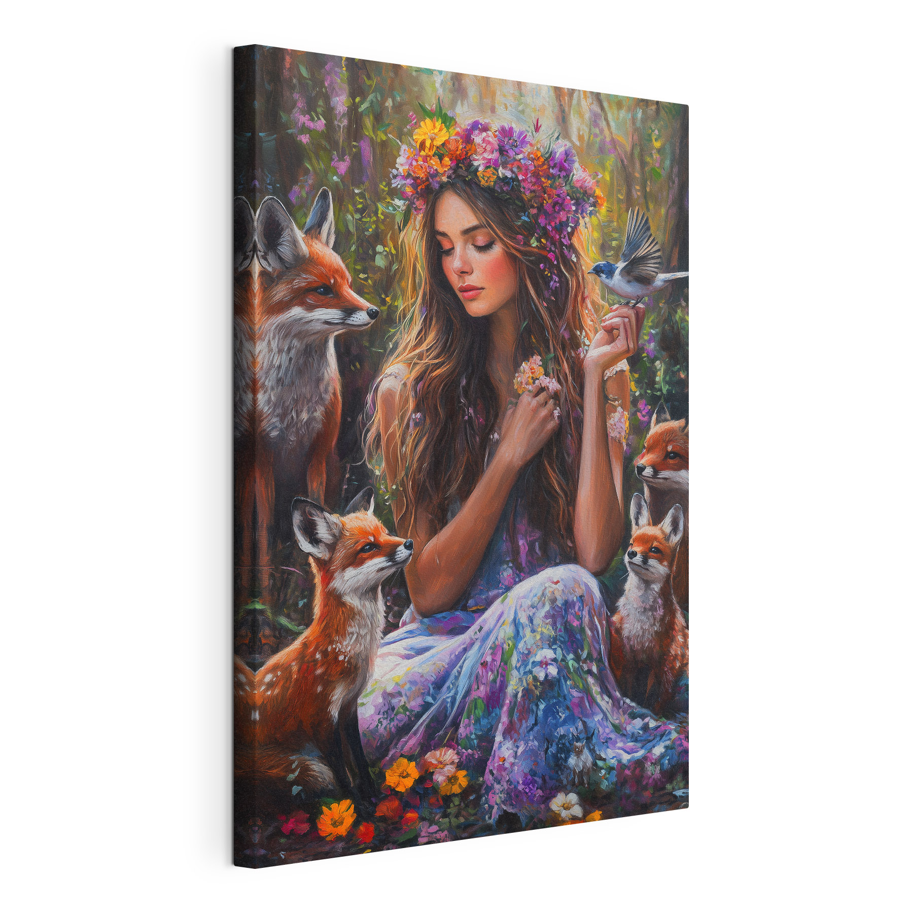 Painting of a woman holding flowers and birds