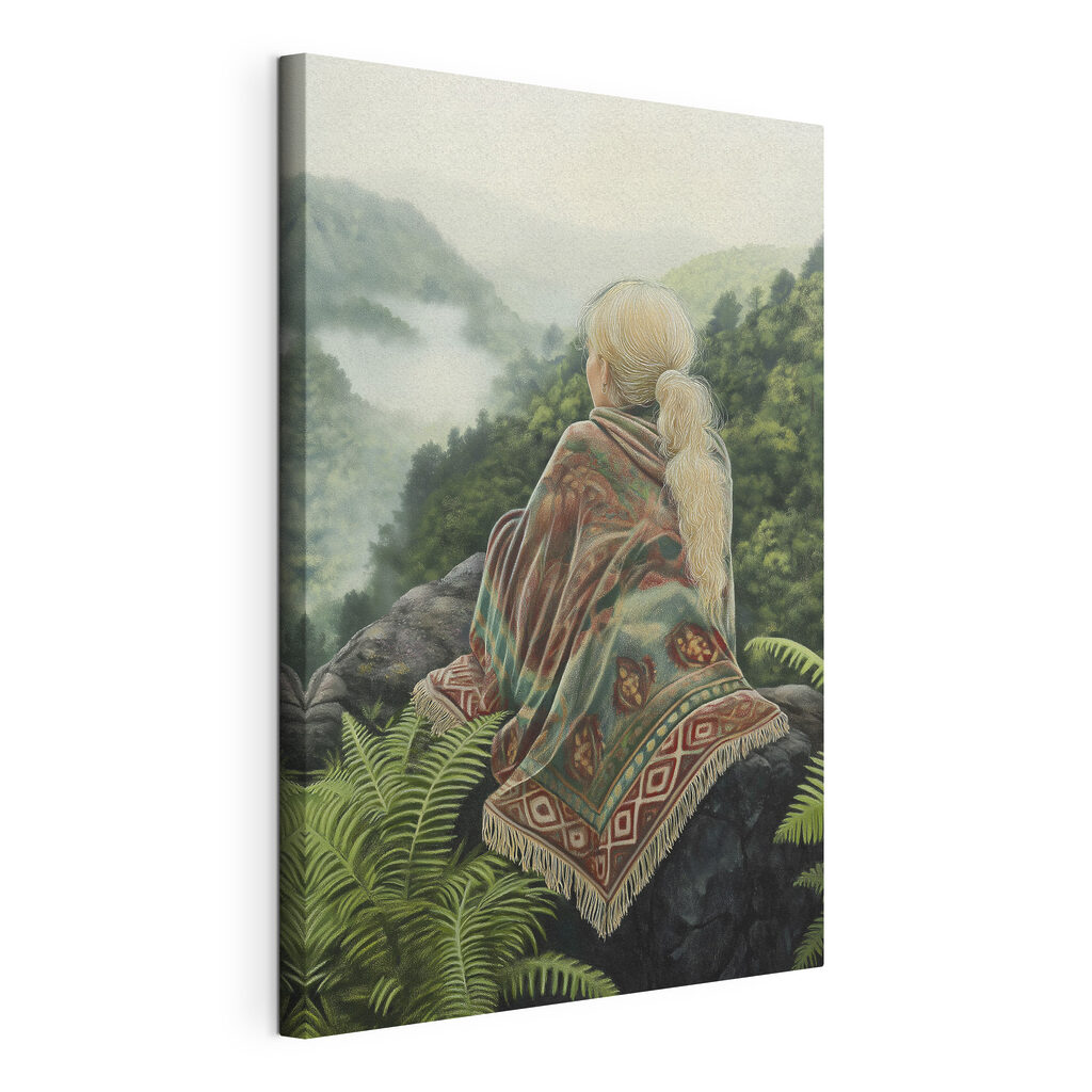Woman sitting on a rock looking at a foggy valley Woman sitting on a rock looking at a foggy valley