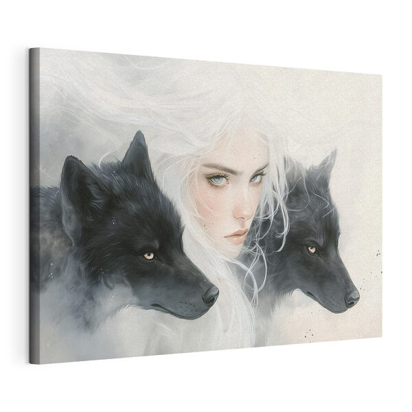 Cuadros Mujer de pelo blanco y dos lobos (SKU: s41456) Cuadros Cuadros Mujer de pelo blanco y dos lobos (SKU: s41456)