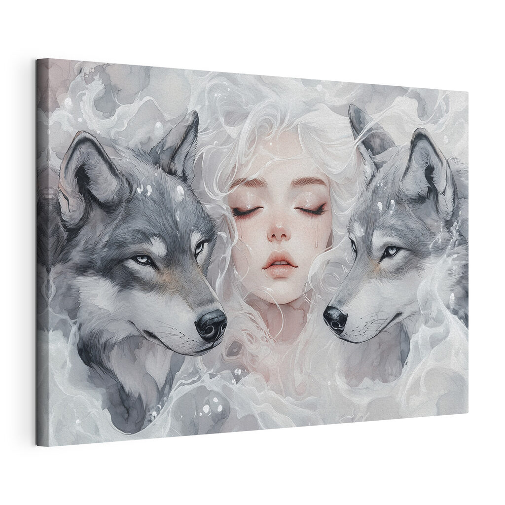 Woman with white hair and two wolves Woman with white hair and two wolves