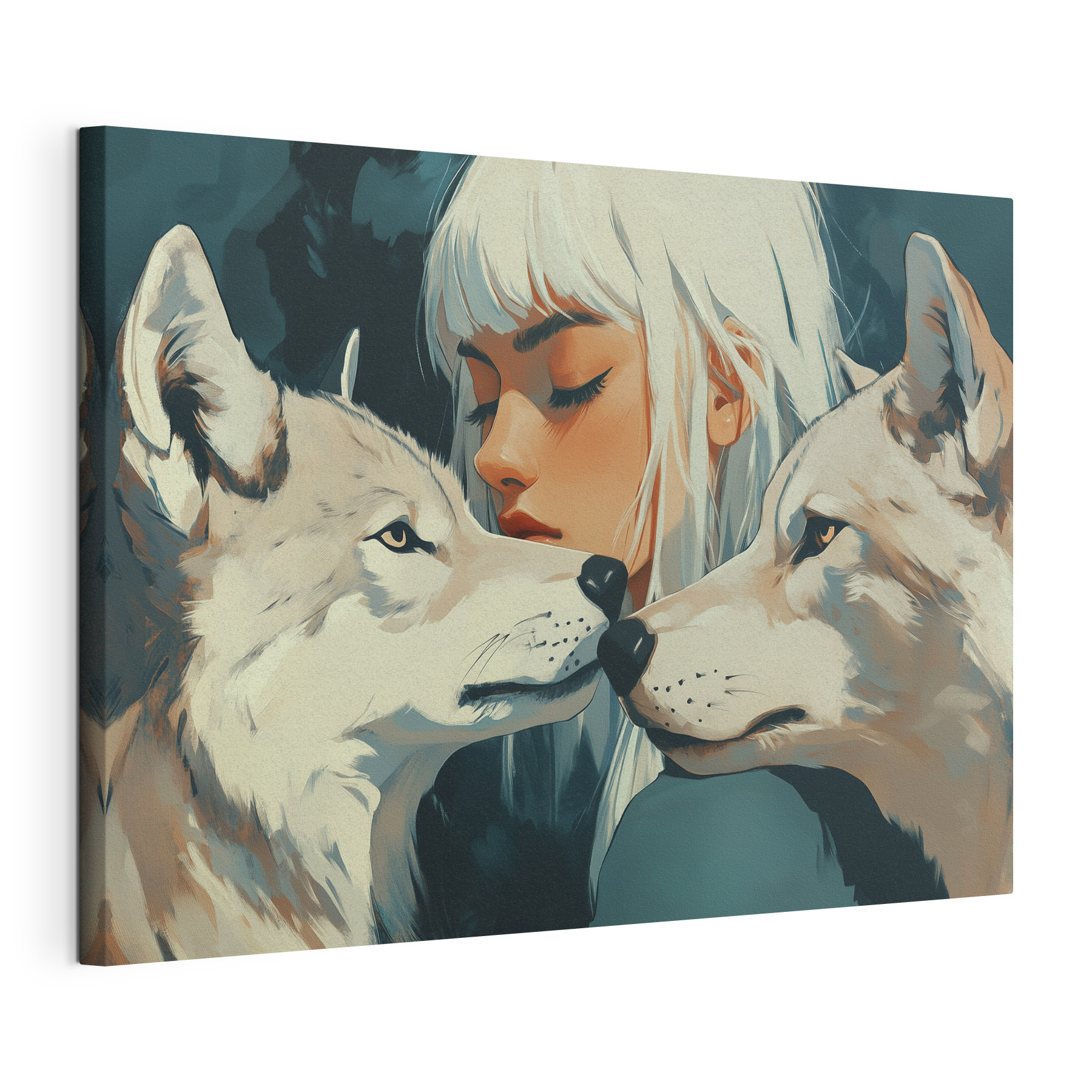 Woman with white hair and two wolves