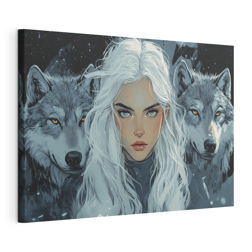 Woman with white hair and a wolf behind her Woman with white hair and a wolf behind her
