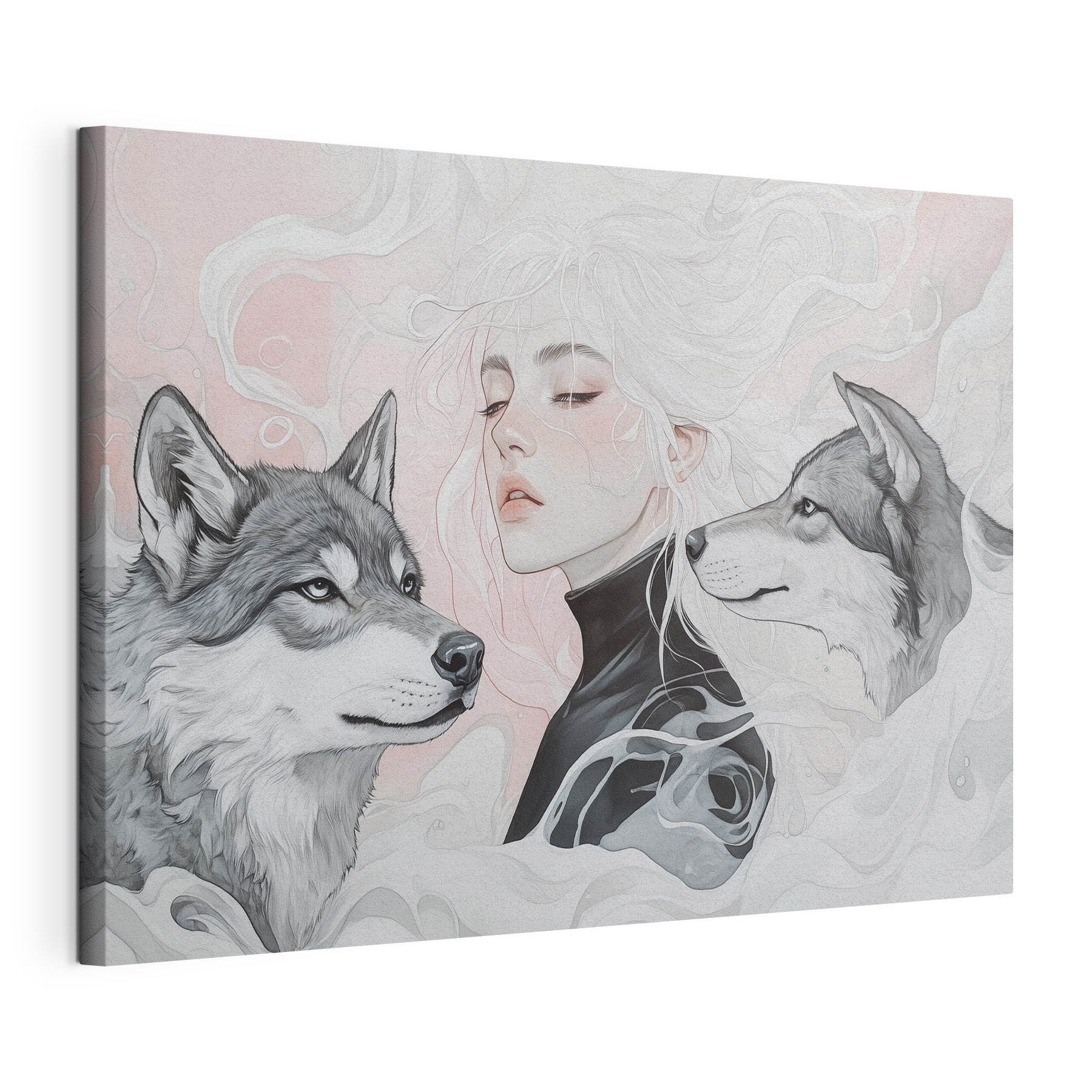Woman with white hair and two wolves