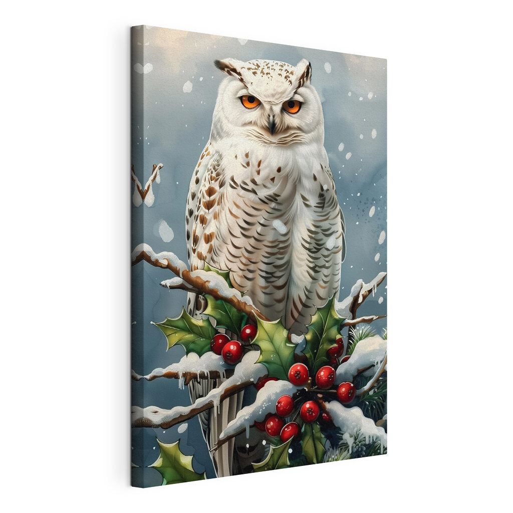 White owl sitting on a branch with snow and berries White owl sitting on a branch with snow and berries