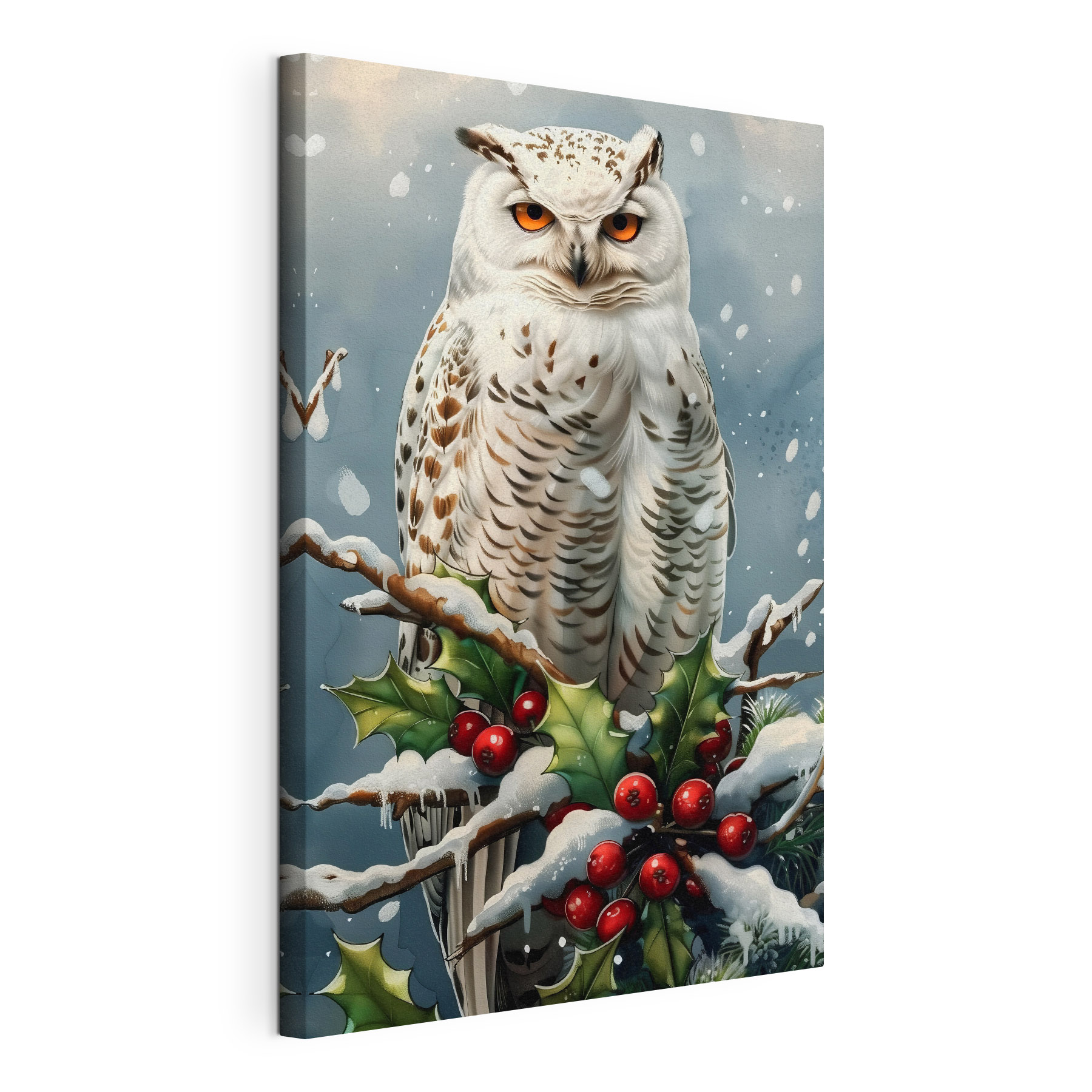 White owl sitting on a branch with snow and berries White owl sitting on a branch with snow and berries