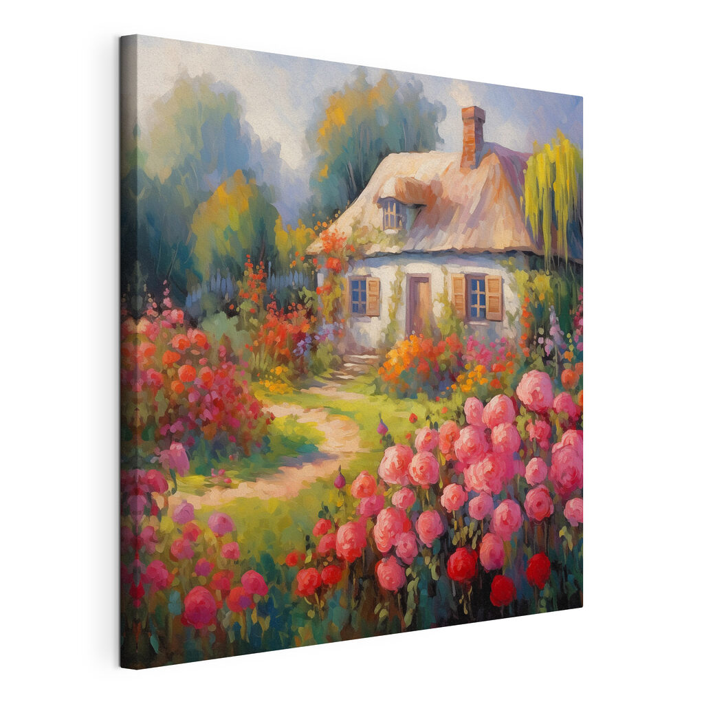 Painting of a house with flowers