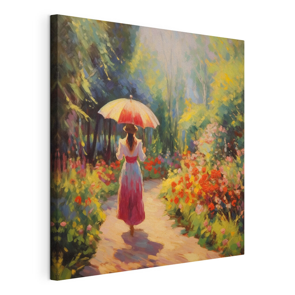 Woman walking down a path with a large umbrella Woman walking down a path with a large umbrella