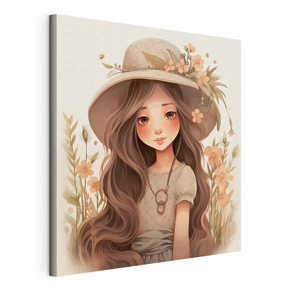 Cuadros Niña de dibujos animados con el pelo largo, con un sombrero y flores (SKU: s41504) Cuadros Cuadros Niña de dibujos animados con el pelo largo, con un sombrero y flores (SKU: s41504)
