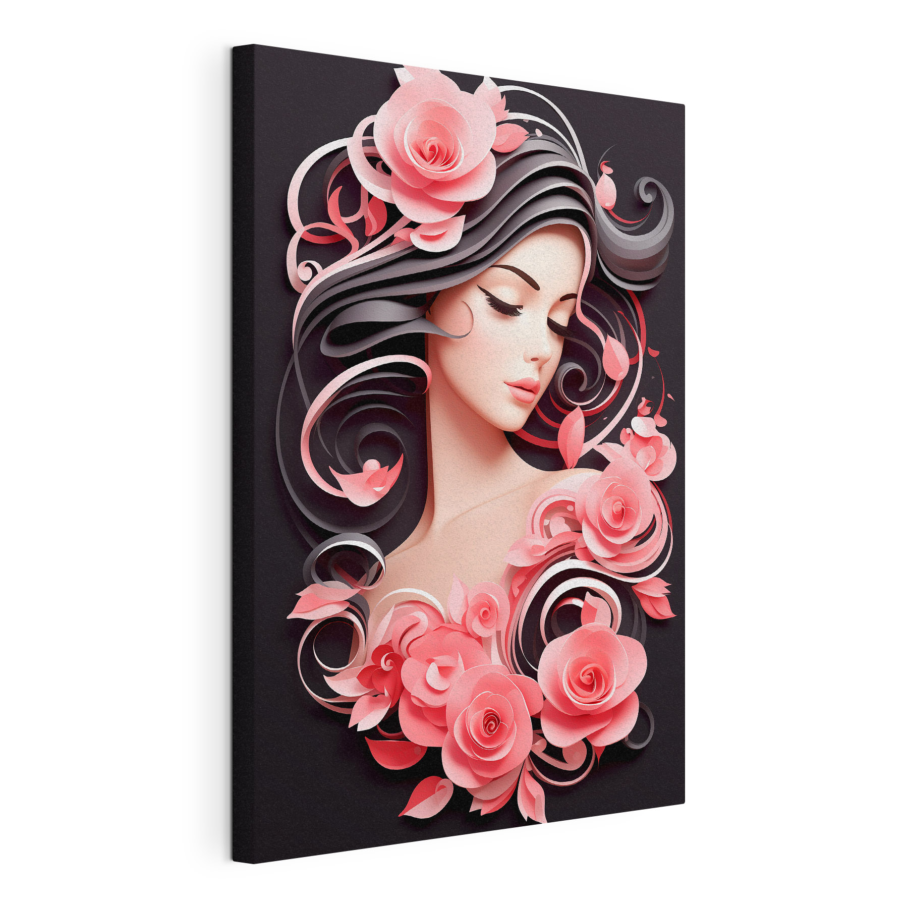 Woman with long hair and pink flowers