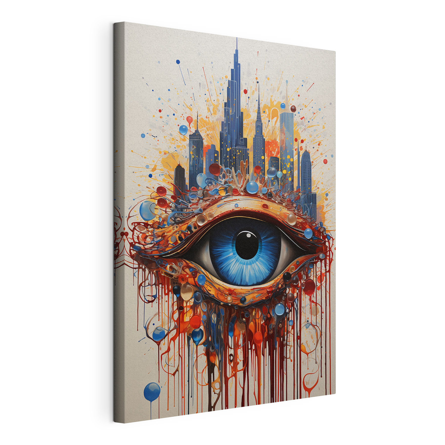 Painting of a blue eye with a city behind it Painting of a blue eye with a city behind it