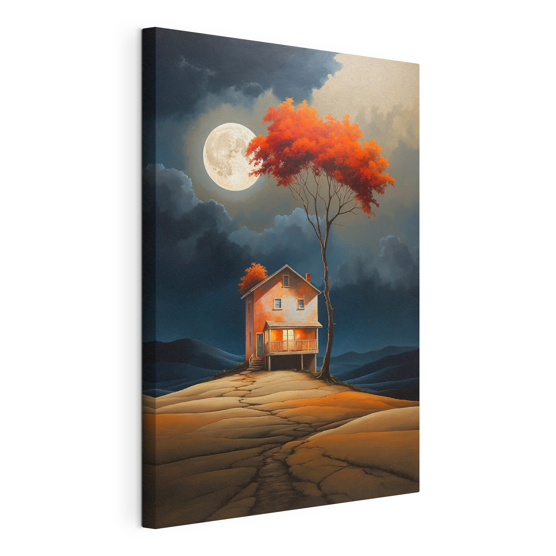 Painting of a house with a tree and a moon in the sky Painting of a house with a tree and a moon in the sky