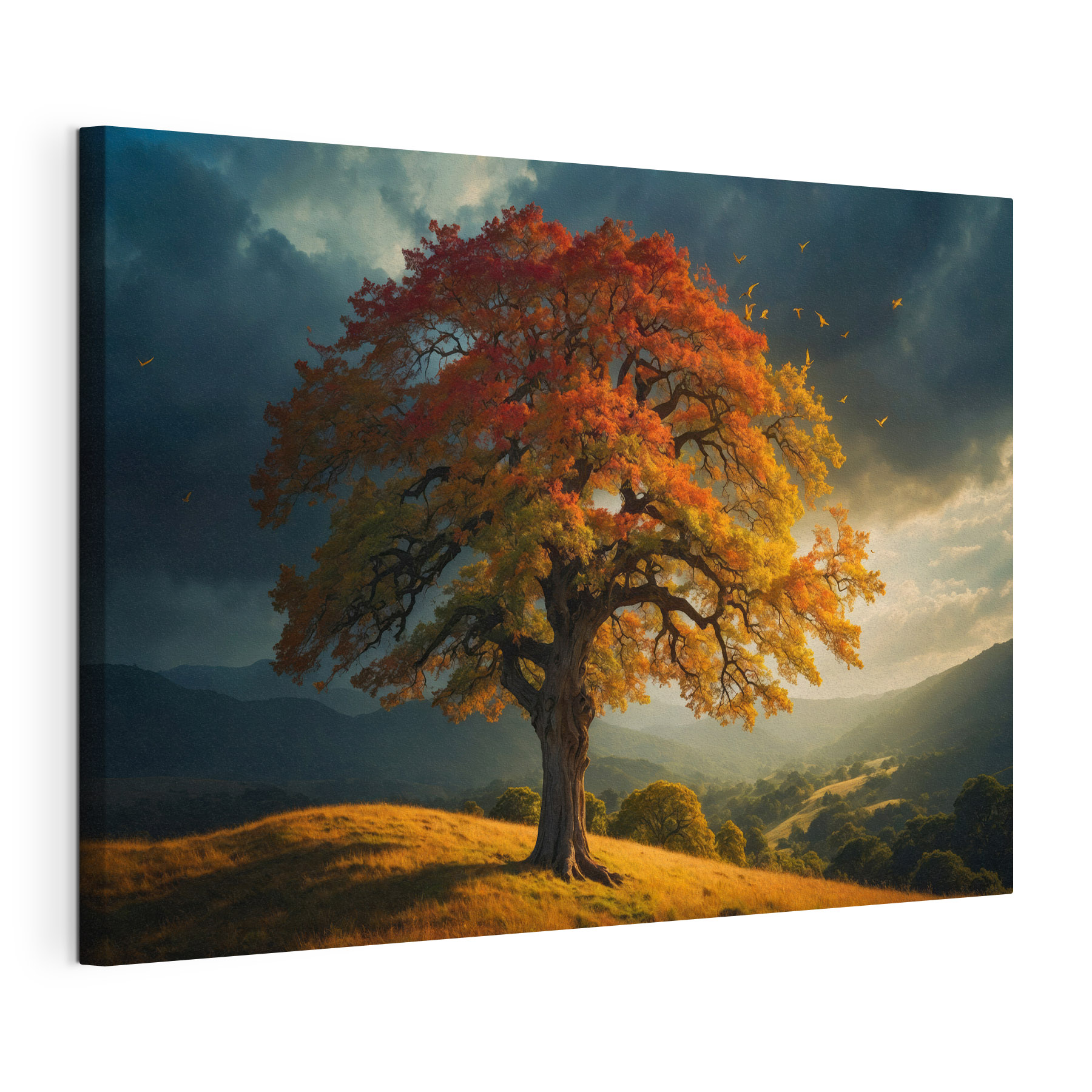 Tree with orange and yellow leaves on a hill