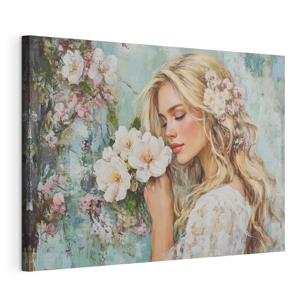 Painting of a woman smelling flowers Painting of a woman smelling flowers