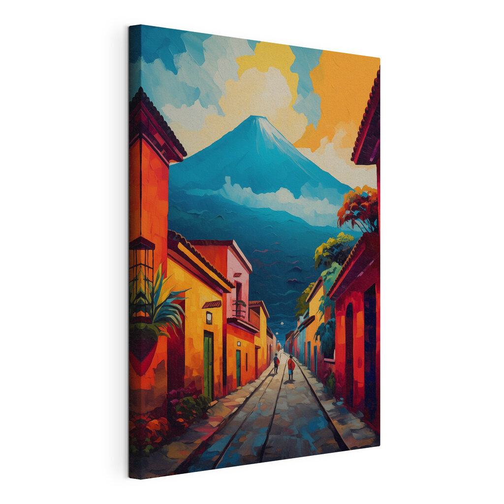 Painting of a street with buildings and a mountain in the background Painting of a street with buildings and a mountain in the background