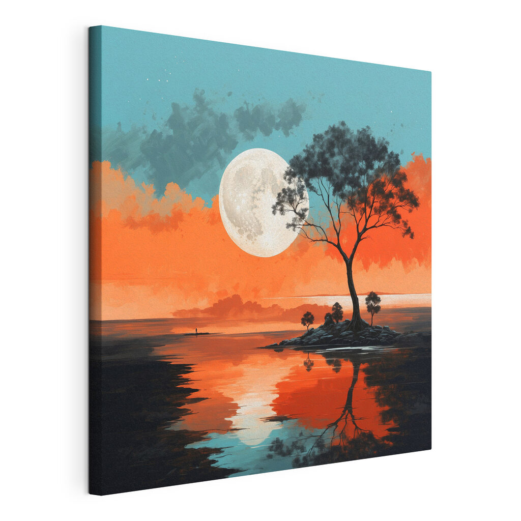 Tree on a island in the middle of a body of water with a full moon in the background Tree on a island in the middle of a body of water with a full moon in the background