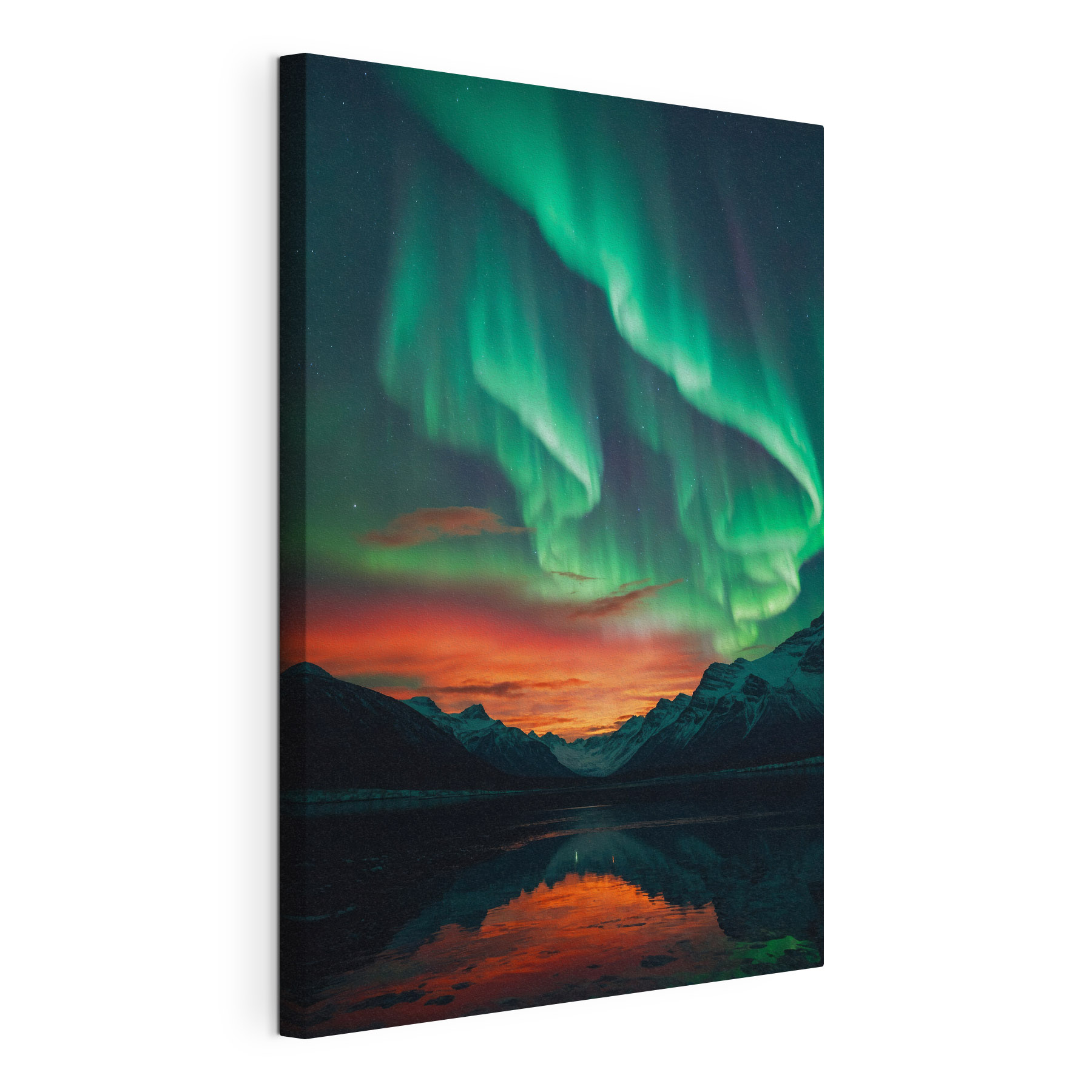 Green lights in the sky over mountains