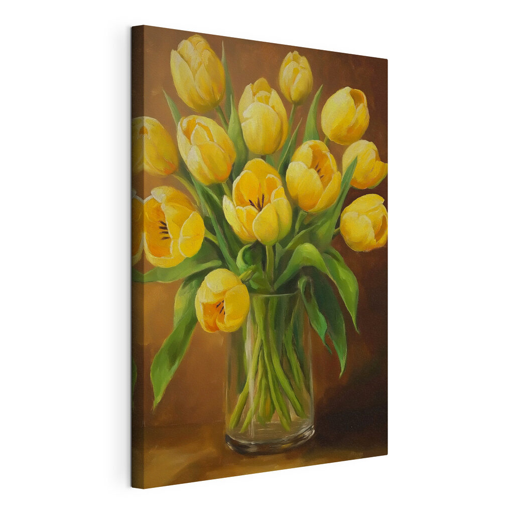 Painting of yellow tulips in a glass vase Painting of yellow tulips in a glass vase