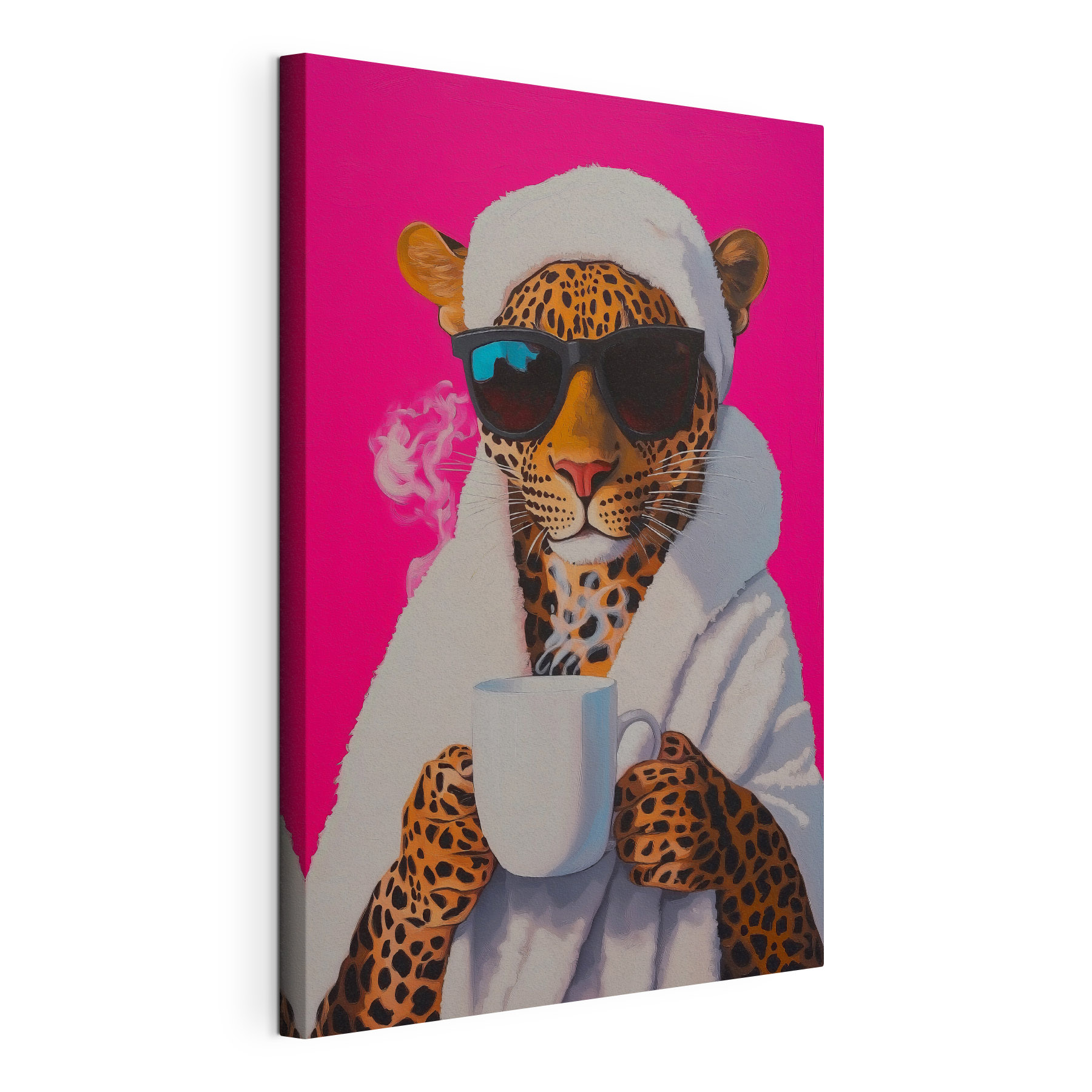 Painting of a leopard wearing a robe and sunglasses holding a cup Painting of a leopard wearing a robe and sunglasses holding a cup