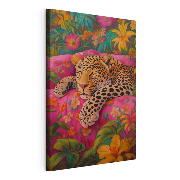 Cuadros Cuadros Un leopardo durmiendo en un sofá rosa (SKU: s41929)