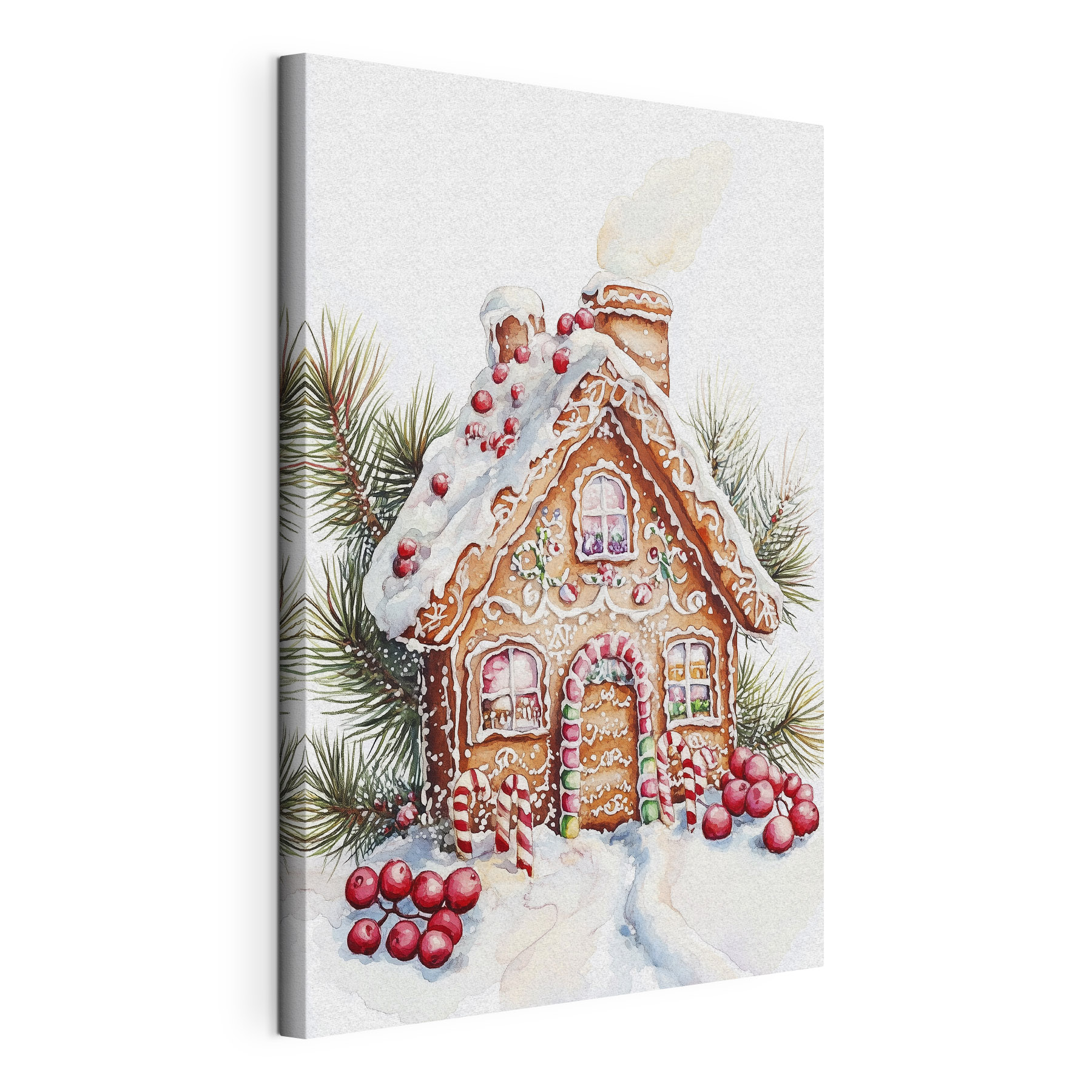 Gingerbread house with candy canes and pine branches