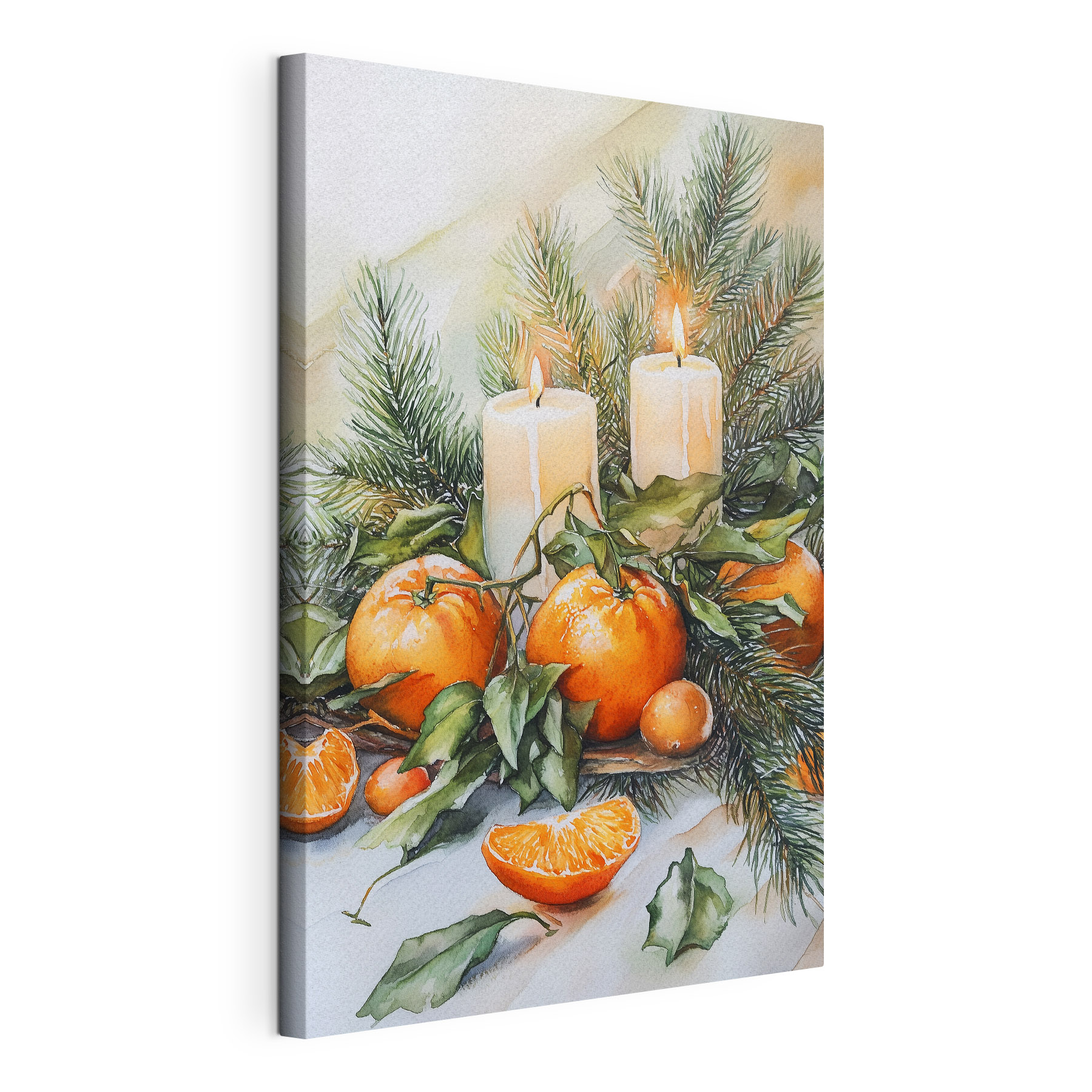 Watercolor painting of oranges and candles on a table Watercolor painting of oranges and candles on a table
